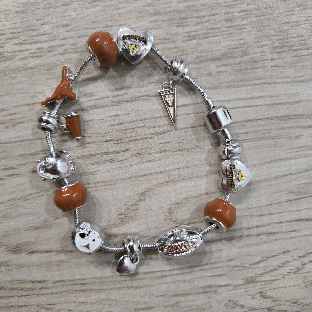 University of Texas Longhorns Charm Bracelet Burnt Orange Silver Tone Hook Em UT